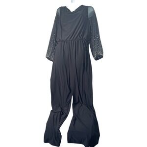Marina Black Embellished Rhinestone Sheer‎ Sleeve Jumpsuit Wide Leg Size 14